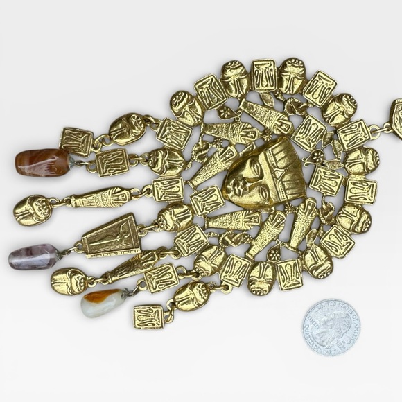 GOLDETTE Signed 1960s Egyptian Revival Pendant Necklace w/Agate Gemstone Tassels - Picture 13 of 15